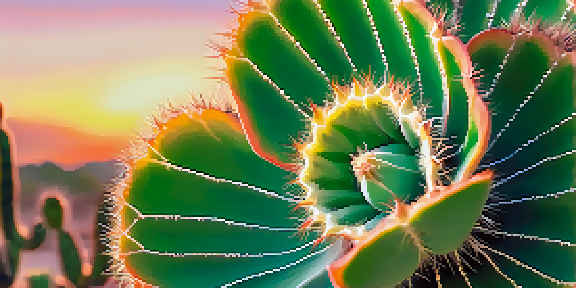 A close-up of a vibrant green peyote cactus with intricate spines, set against a warm sunset background in the desert.
