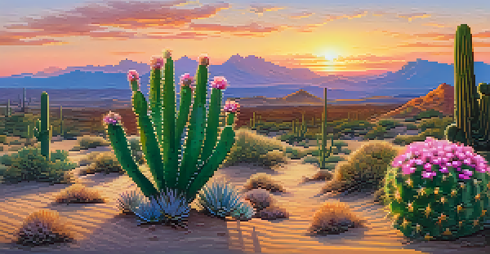 A peaceful desert scene with a small peyote cactus displaying pink flowers, illuminated by a colorful sunset sky.
