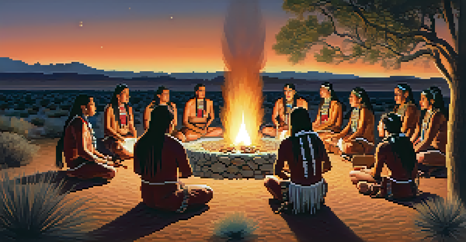 Native American individuals around a ceremonial fire at dusk, participating in a Peyote ceremony.
