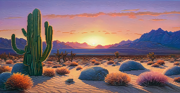 A tranquil desert scene with a small peyote cactus in the foreground, vibrant sunset colors in the sky, and distant mountains.