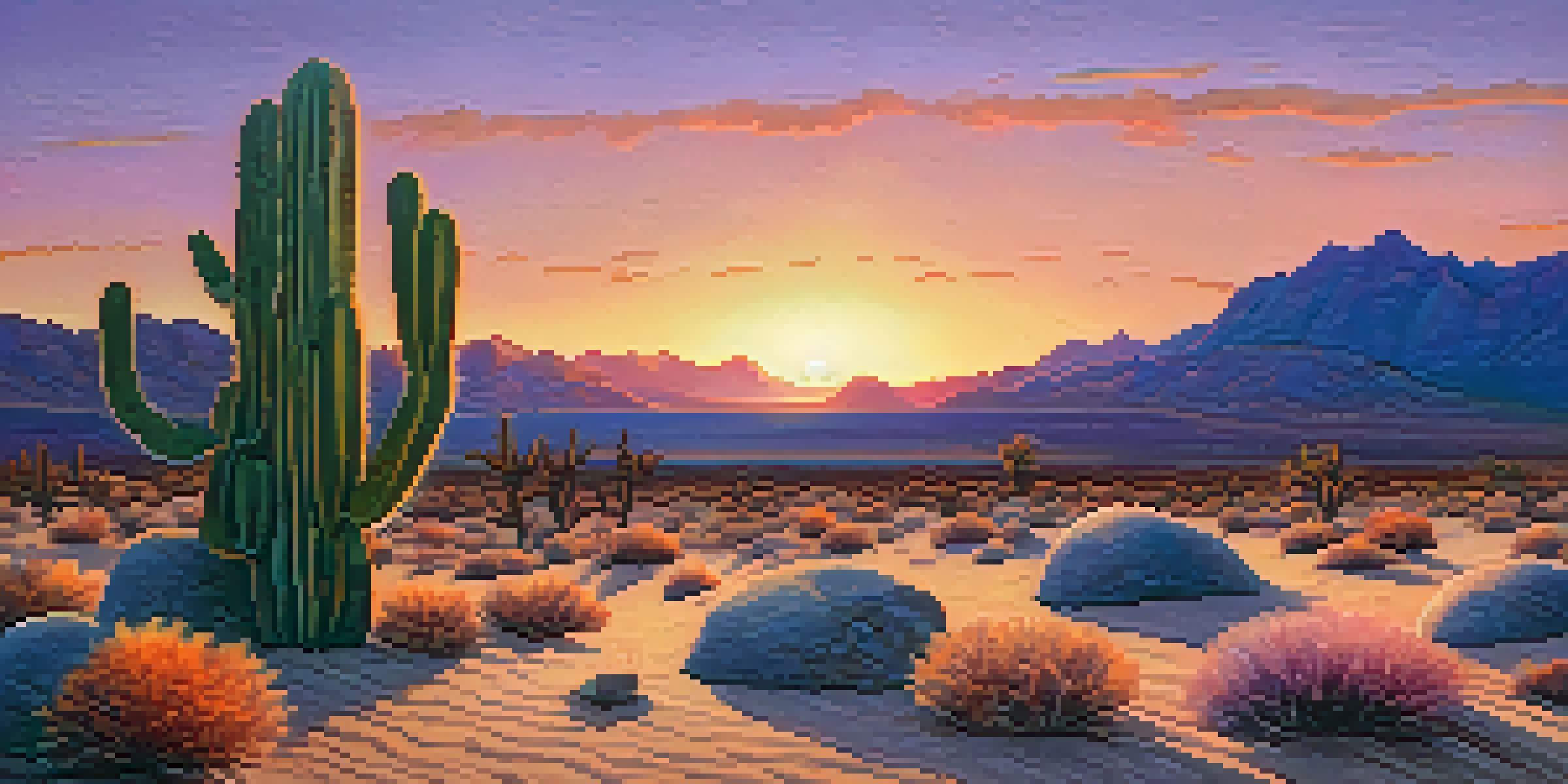 A tranquil desert scene with a small peyote cactus in the foreground, vibrant sunset colors in the sky, and distant mountains.