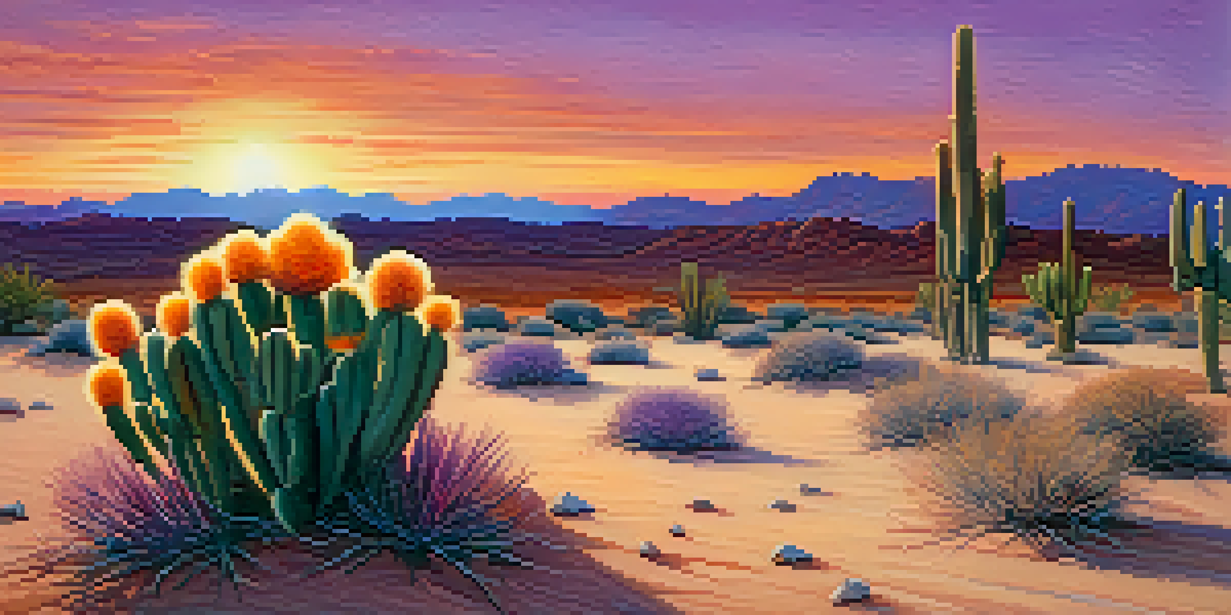 A peaceful desert scene with a peyote cactus in the foreground during sunset, showcasing colorful skies and sandy terrain.
