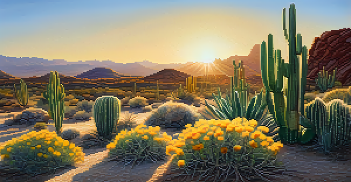 A small peyote cactus in a desert setting, illuminated by golden sunset light, surrounded by wildflowers and rocky terrain.