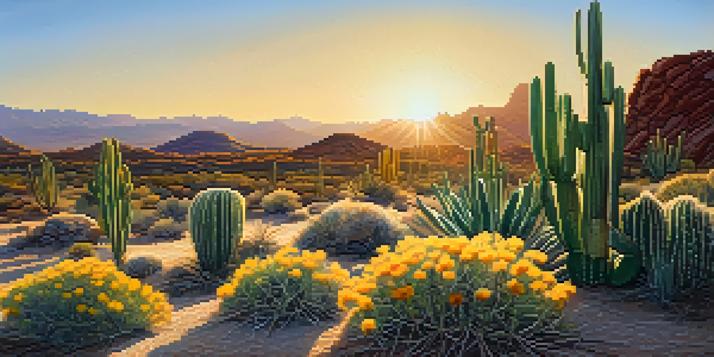 A small peyote cactus in a desert setting, illuminated by golden sunset light, surrounded by wildflowers and rocky terrain.