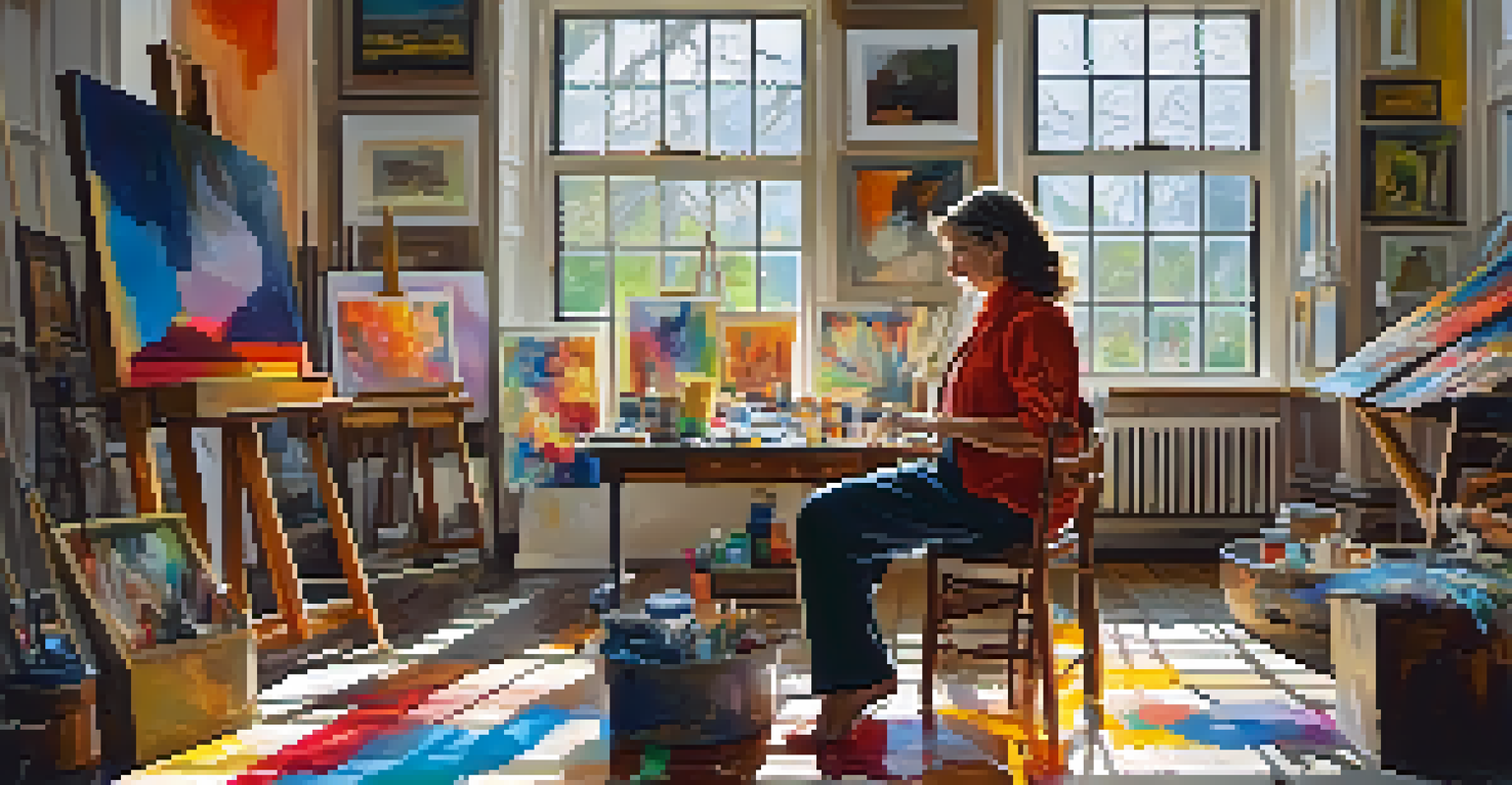 An artist in a colorful studio, painting on a canvas with vibrant colors and artwork displayed around.