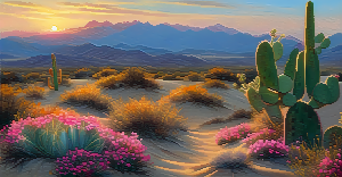 A peaceful desert scene with a small peyote cactus, golden sand dunes, and a colorful sunset sky.