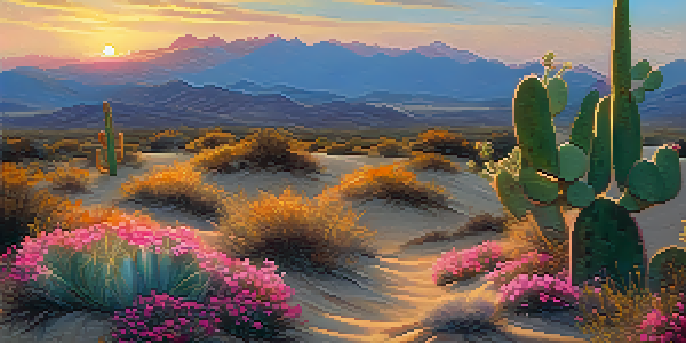 A peaceful desert scene with a small peyote cactus, golden sand dunes, and a colorful sunset sky.