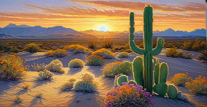 A desert scene with a small peyote cactus surrounded by sand and colorful wildflowers under a sunset sky.