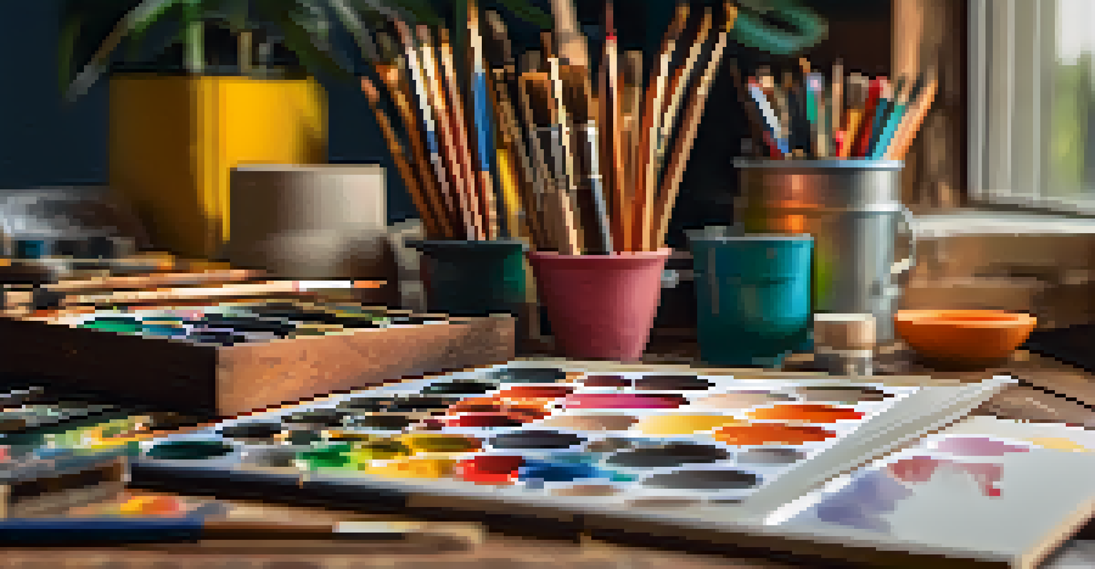 An artistic workspace showcasing a palette of paints and brushes with colorful art supplies.