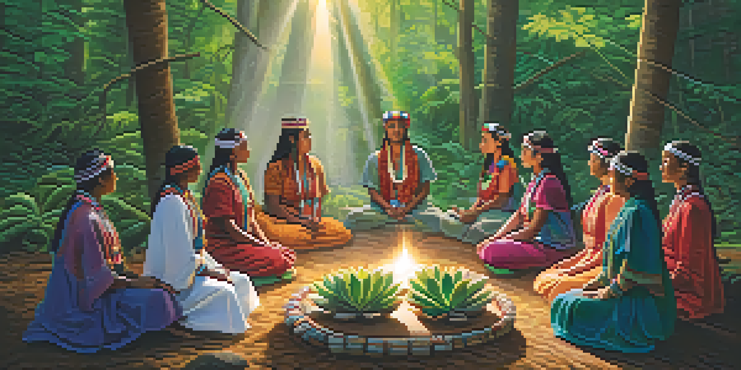 A group of women in traditional attire gathered in a forest for a peyote ceremony, sharing stories in a serene setting.