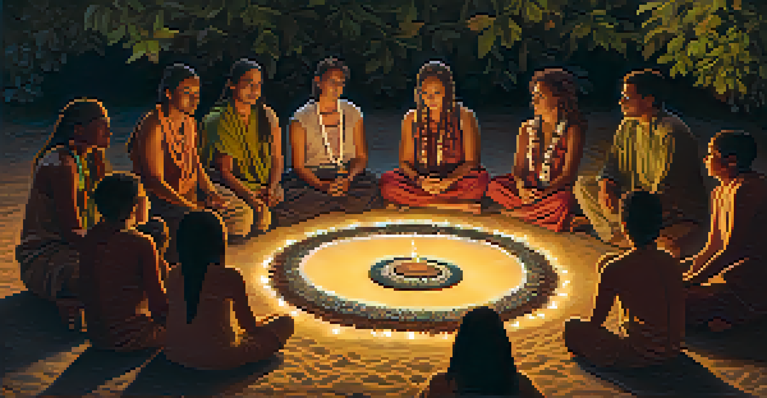 A diverse group of people sitting in a circle during a peyote ceremony, illuminated by candlelight, emphasizing unity and shared experience.