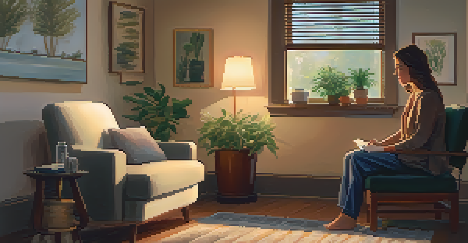 A therapy room with a cozy armchair, natural light, and a therapist talking with a patient.
