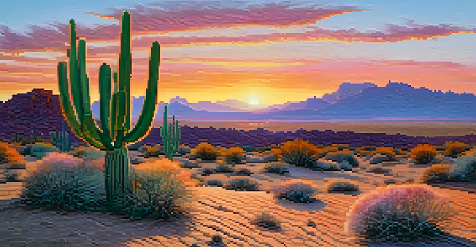 A close-up of a Peyote cactus in a desert landscape during sunset with vibrant colors in the sky.