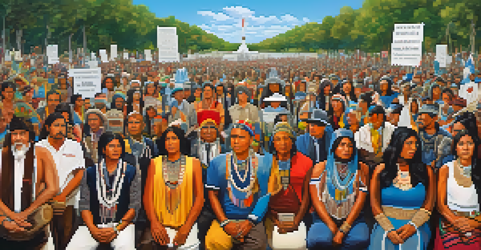 A group of Indigenous activists in a park, holding signs for peyote preservation and Indigenous rights, with a clear blue sky overhead, showcasing unity and resilience.