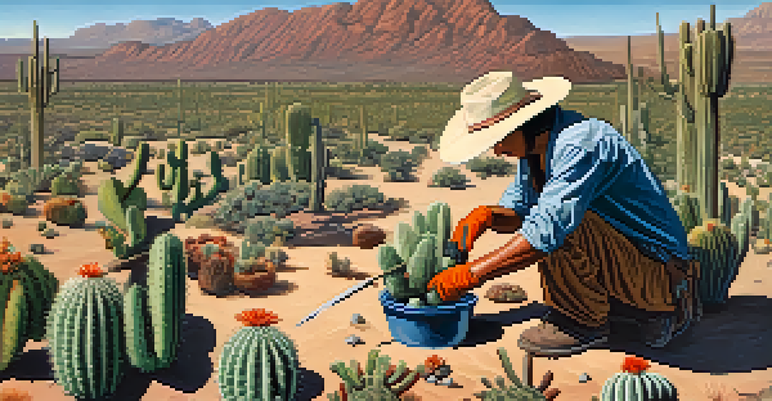 A person harvesting peyote cacti with tools and rocky terrain in the background.