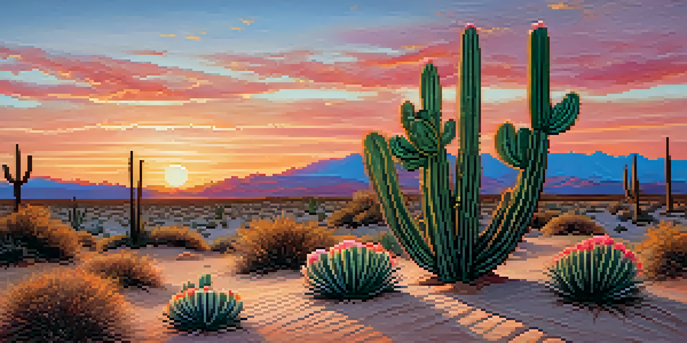 A blooming Peyote cactus in a desert landscape at sunset with vibrant colors in the sky.