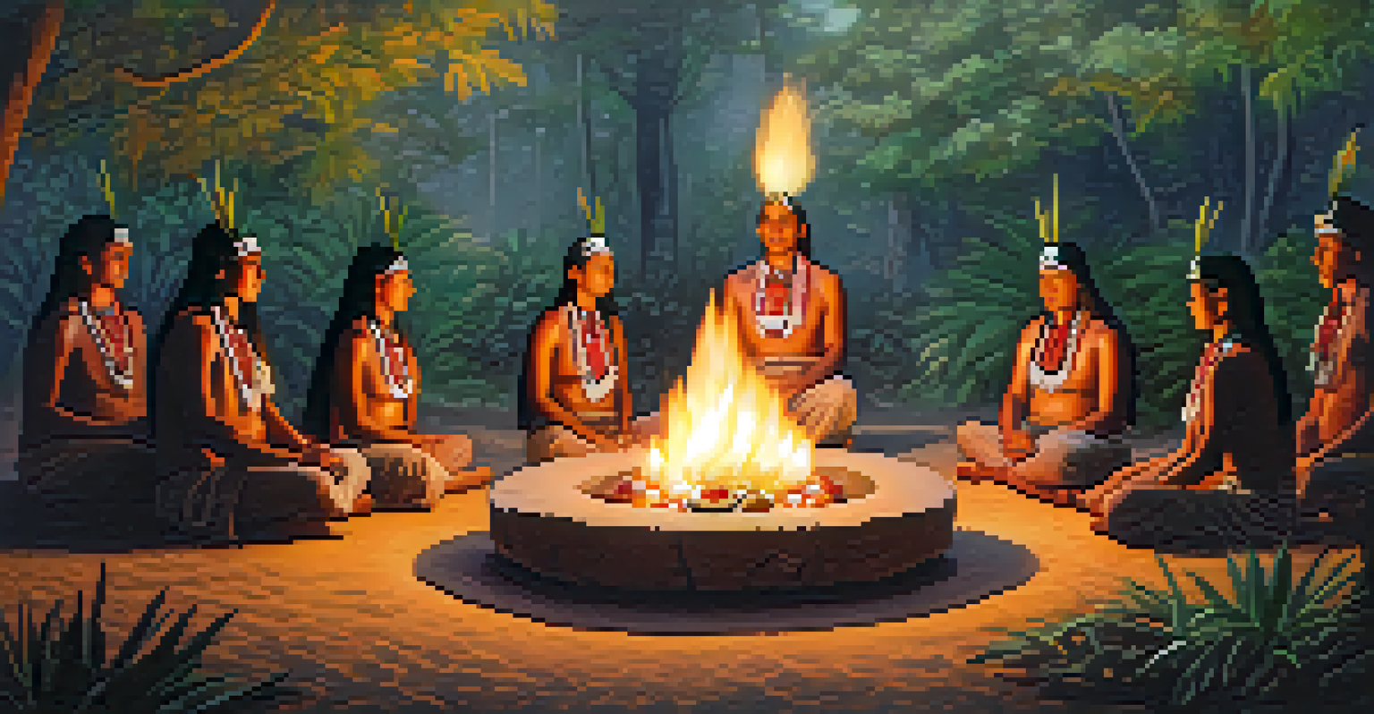 An Indigenous ceremony with people in traditional attire sitting in a circle around a fire.