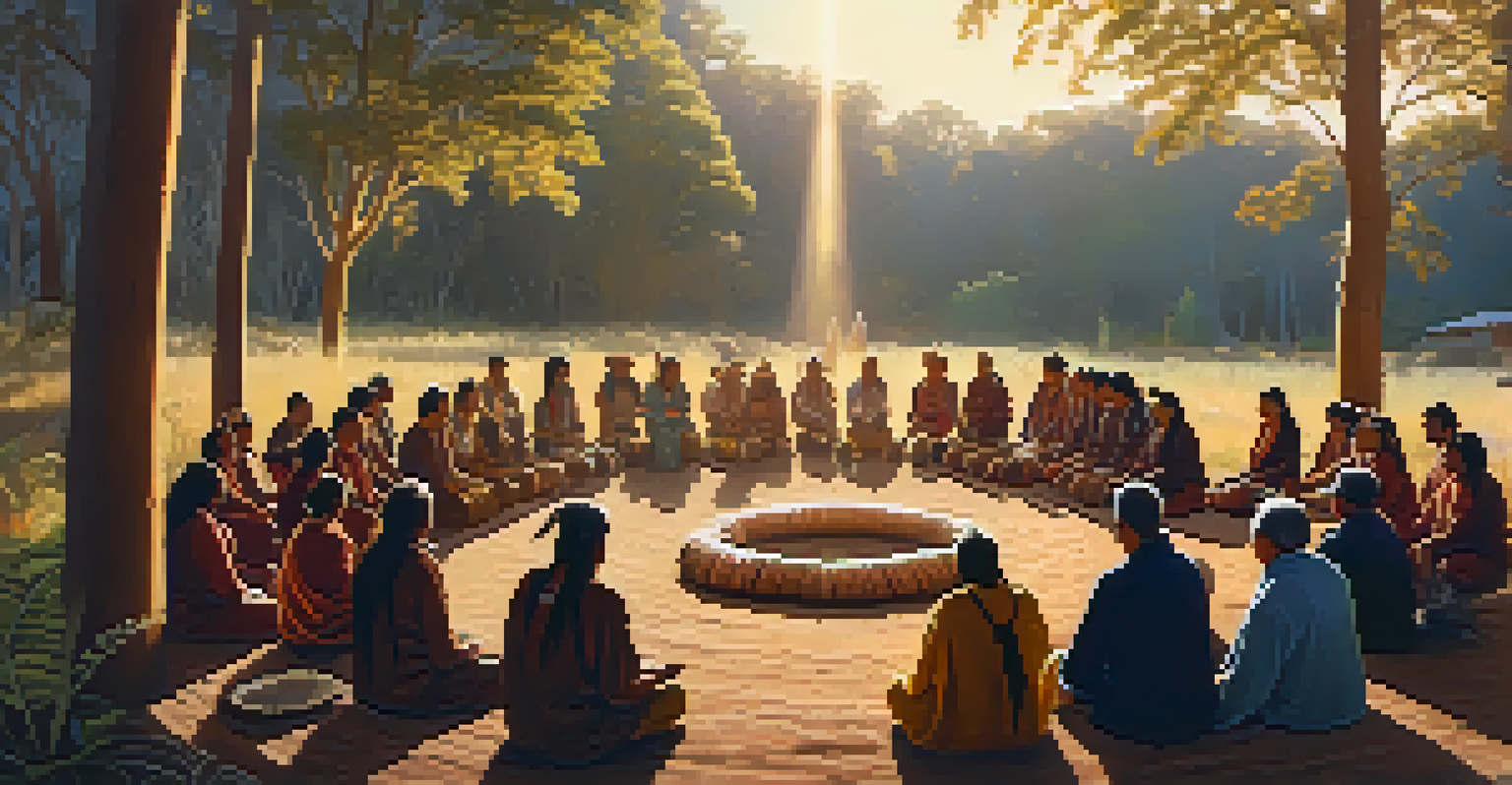 An Indigenous ceremony with participants in a circle, illuminated by warm light, surrounded by natural elements and traditional items.