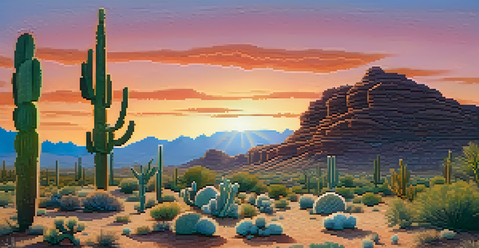 A tranquil desert scene at sunrise with peyote cacti in the foreground, bathed in soft light.