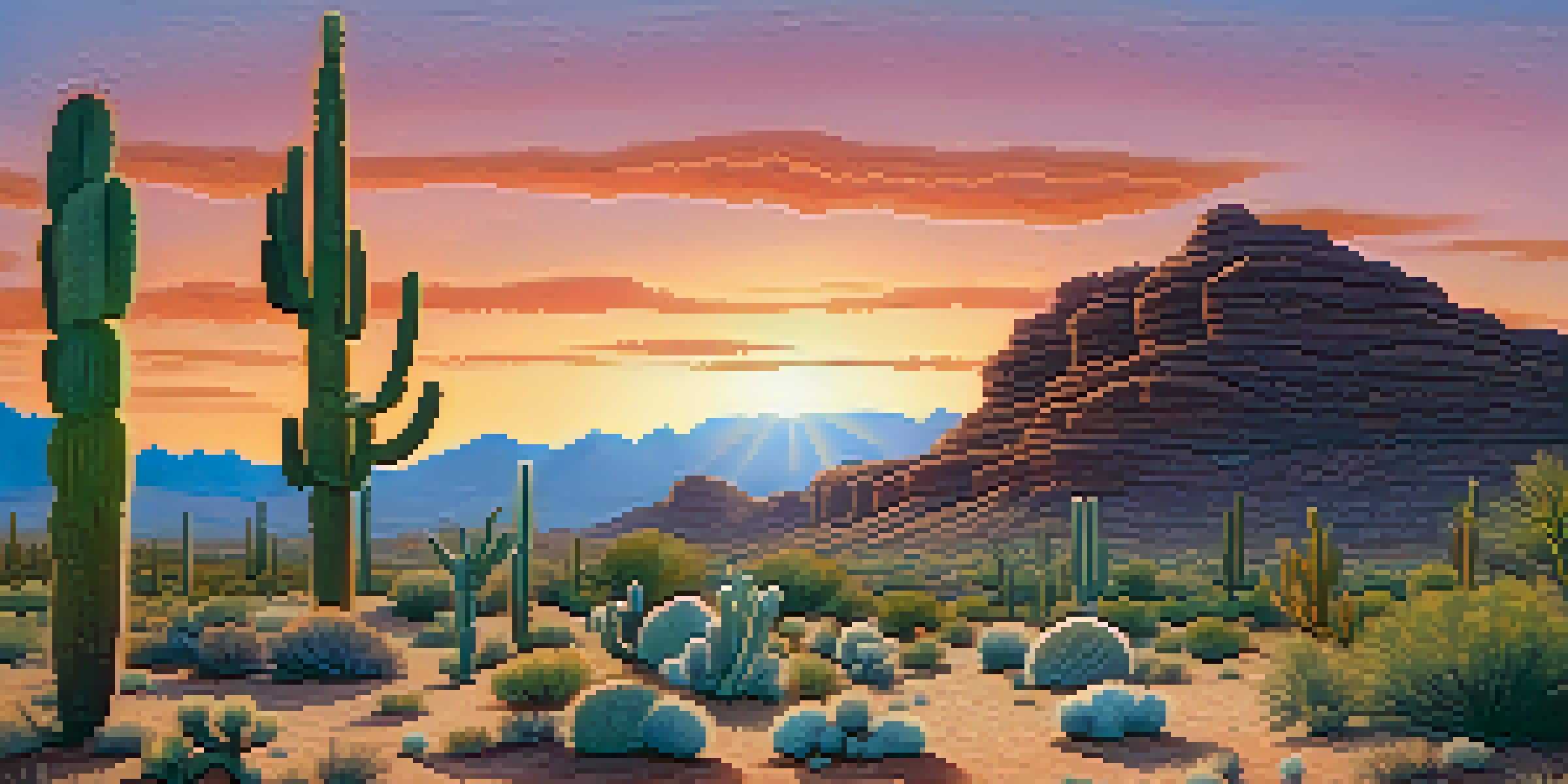 A tranquil desert scene at sunrise with peyote cacti in the foreground, bathed in soft light.