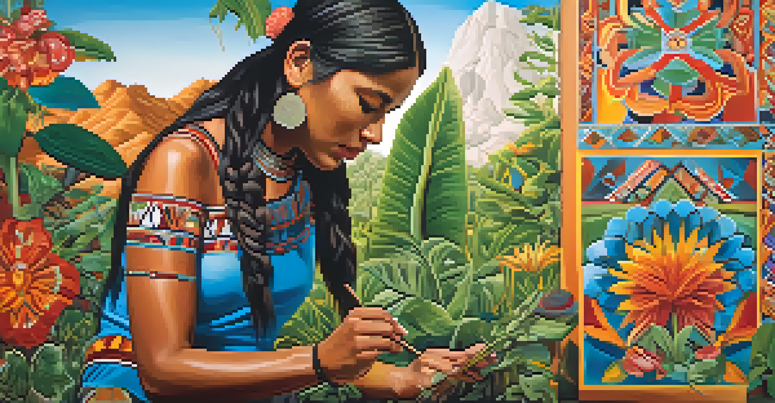 An Indigenous artist creating a mural with peyote motifs outdoors, surrounded by greenery and colorful patterns.