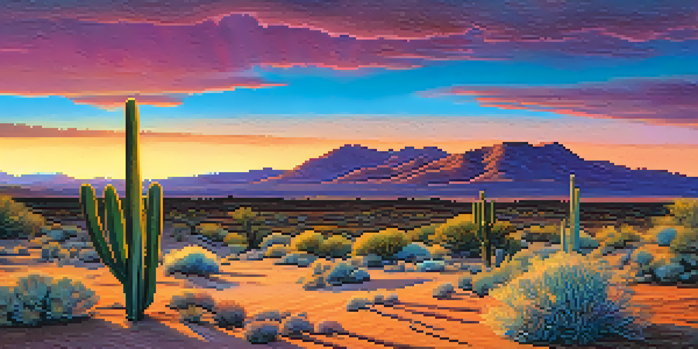 A peaceful desert scene at sunset with a small peyote cactus in the foreground and colorful skies.