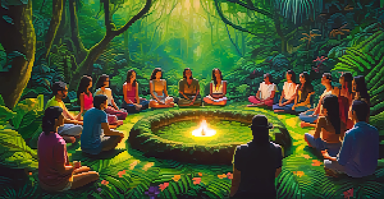 A rainforest scene with people in a circle during an ayahuasca ceremony, surrounded by greenery and flowers.