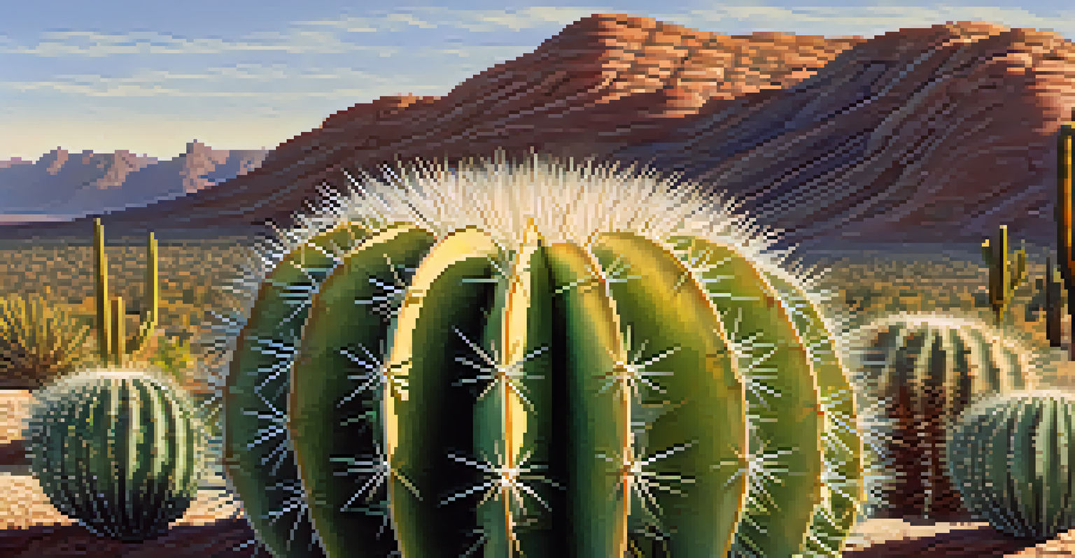 A close-up of a peyote cactus in a desert landscape, highlighting its texture and round shape.