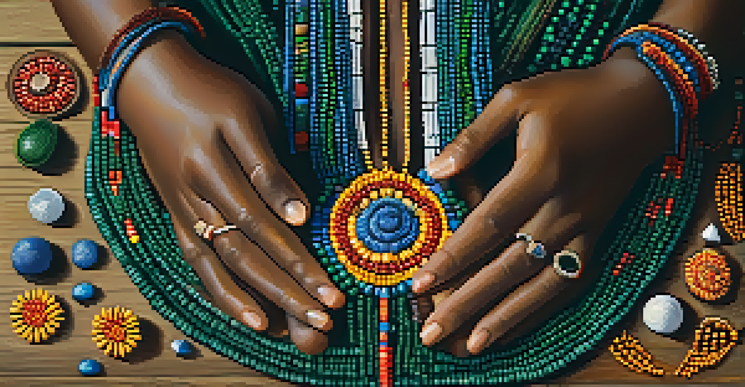 Close-up of hands crafting a beaded necklace during a Peyote ceremony, with colorful beads and candlelight in the background.