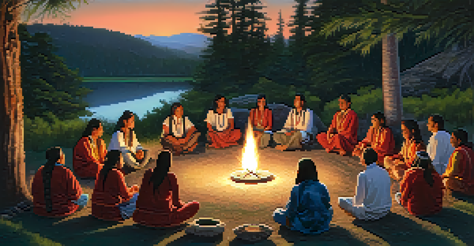 A group of Indigenous individuals in traditional attire participating in a peyote ceremony around a fire.