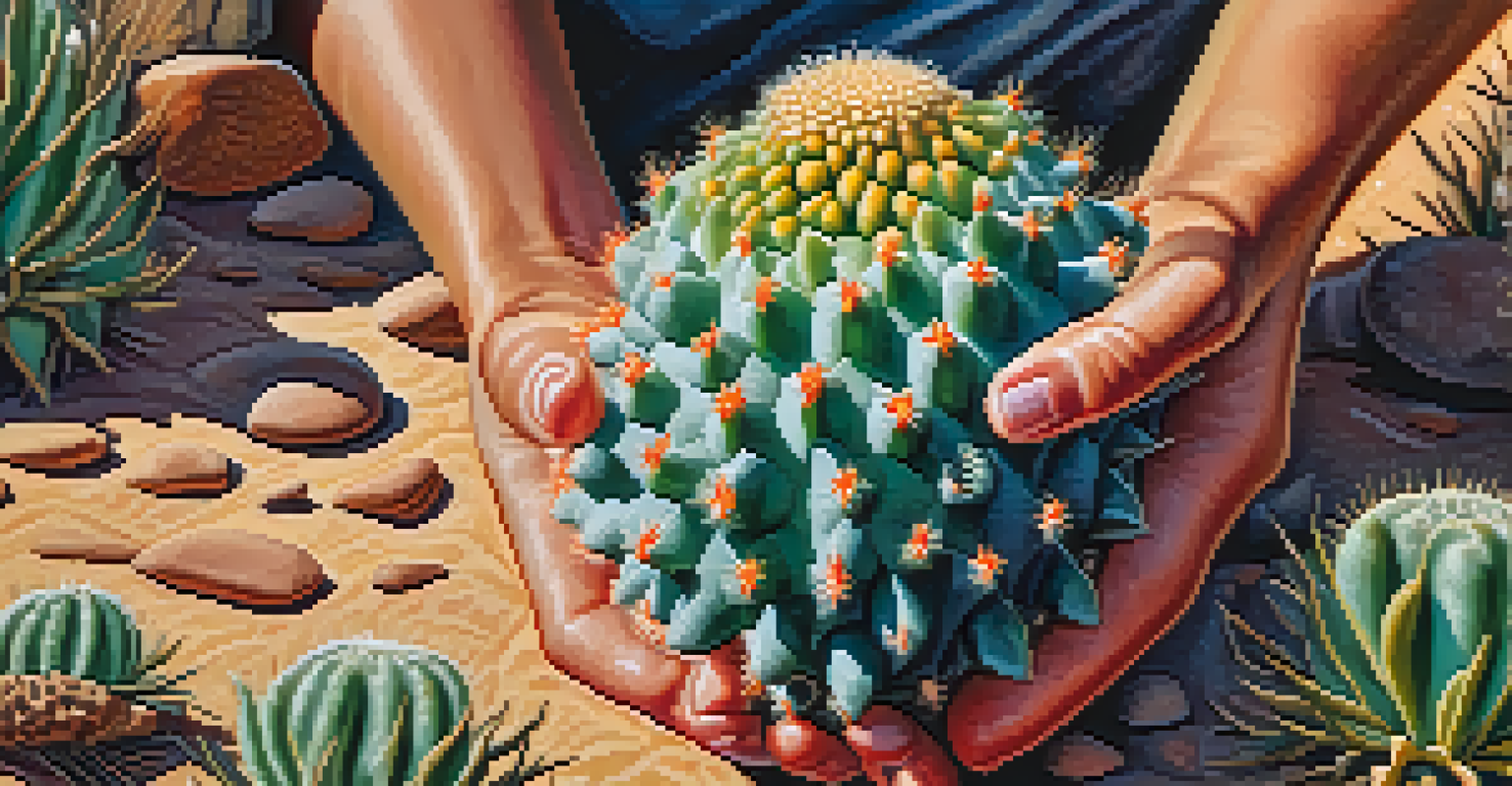 A close-up of a hand holding a peyote cactus with vibrant colors and textures, set against a blurred natural background.