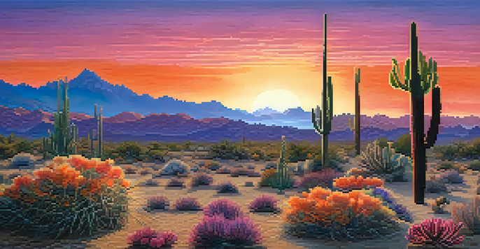 A serene desert landscape with a peyote cactus at sunset, showcasing vibrant colors and textures.