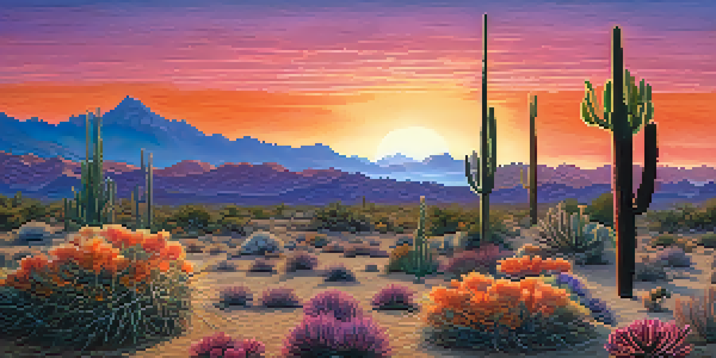 A serene desert landscape with a peyote cactus at sunset, showcasing vibrant colors and textures.
