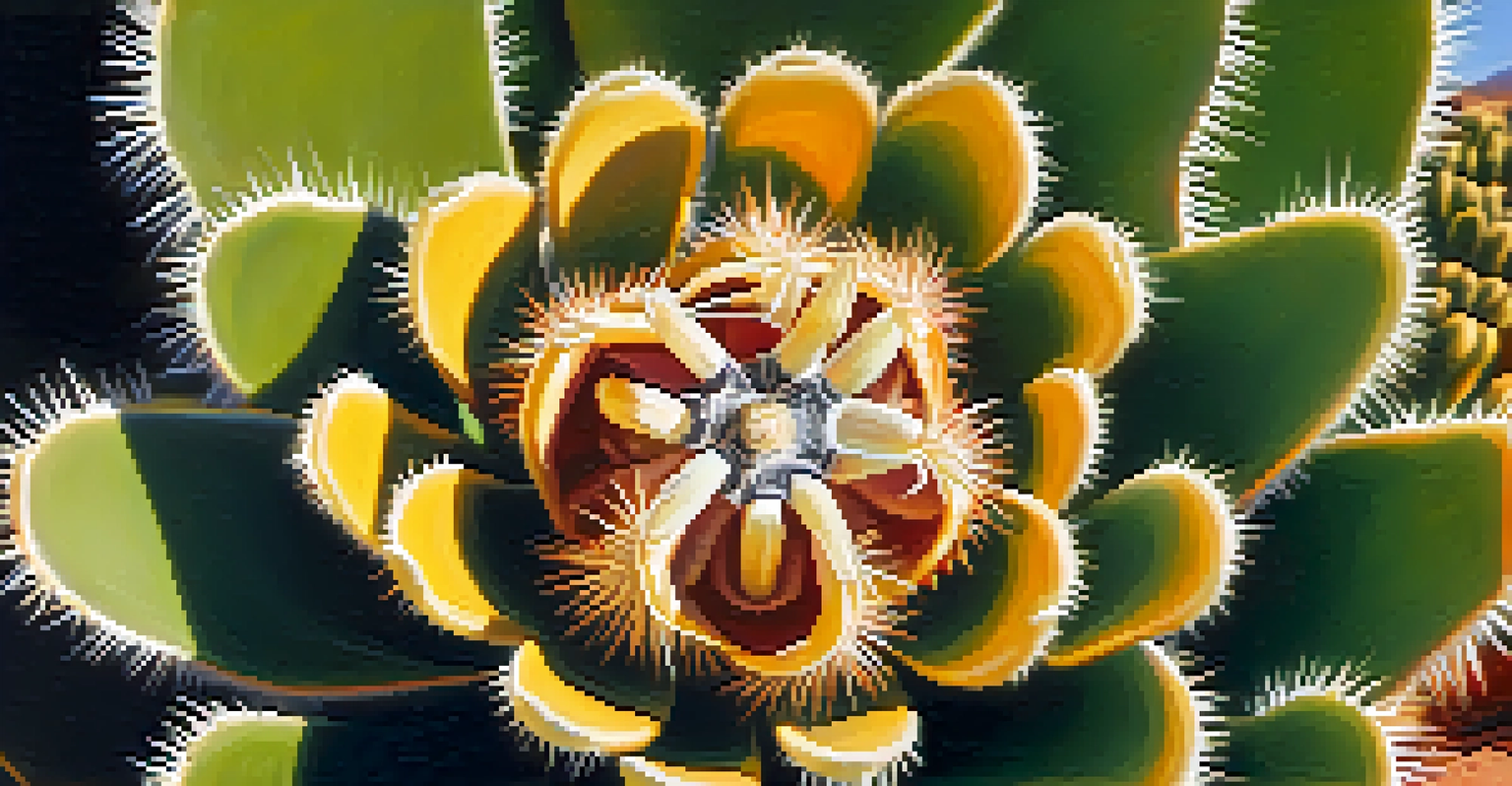A detailed close-up of a peyote cactus, showcasing its textured surface and vibrant green color, with blurred desert plants in the background.