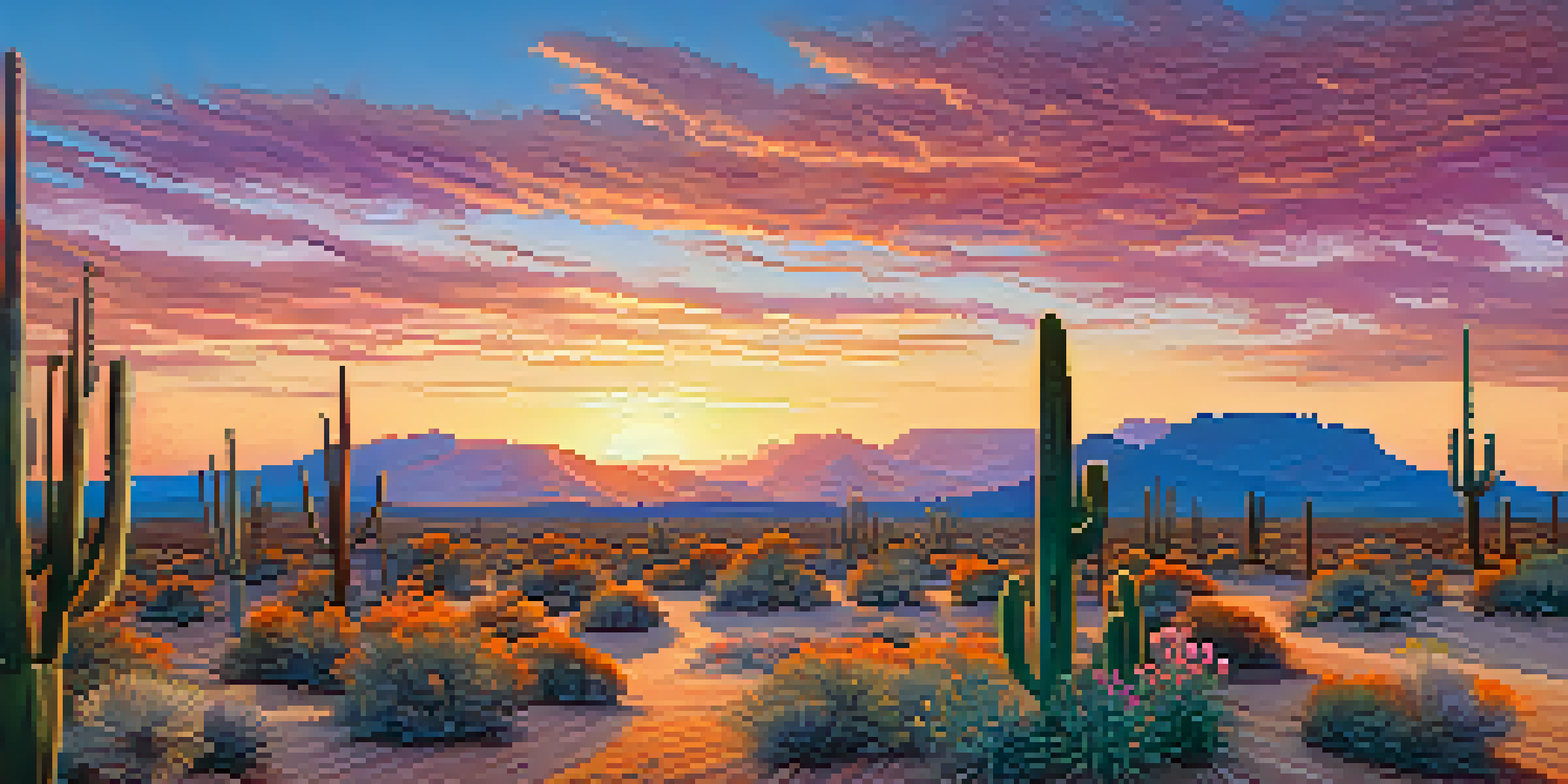 A peaceful desert scene at sunset with a peyote cactus in the foreground surrounded by blooming desert flowers.