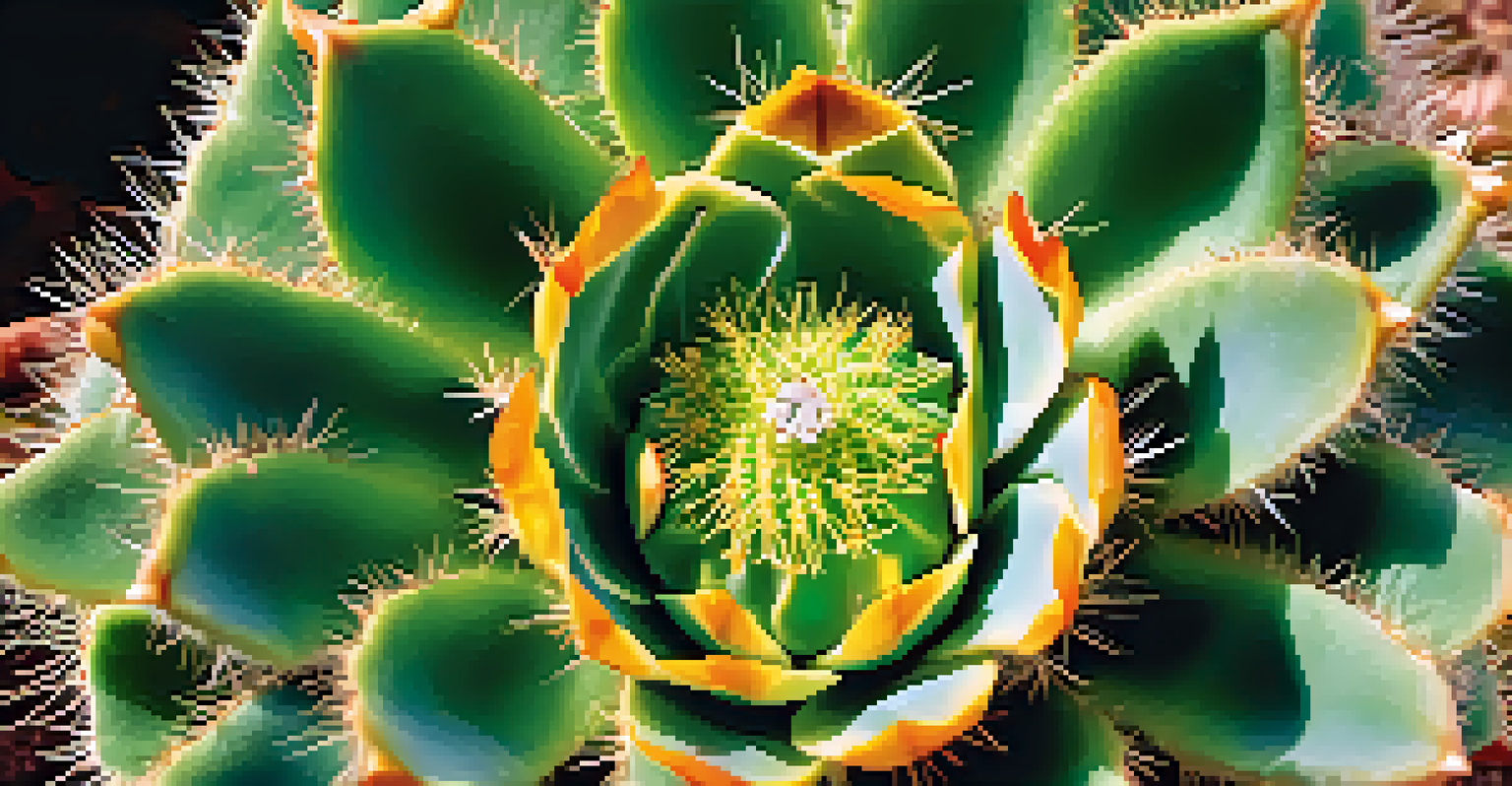A close-up of a peyote cactus with detailed textures, surrounded by desert plants and flowers, illuminated by warm sunlight.