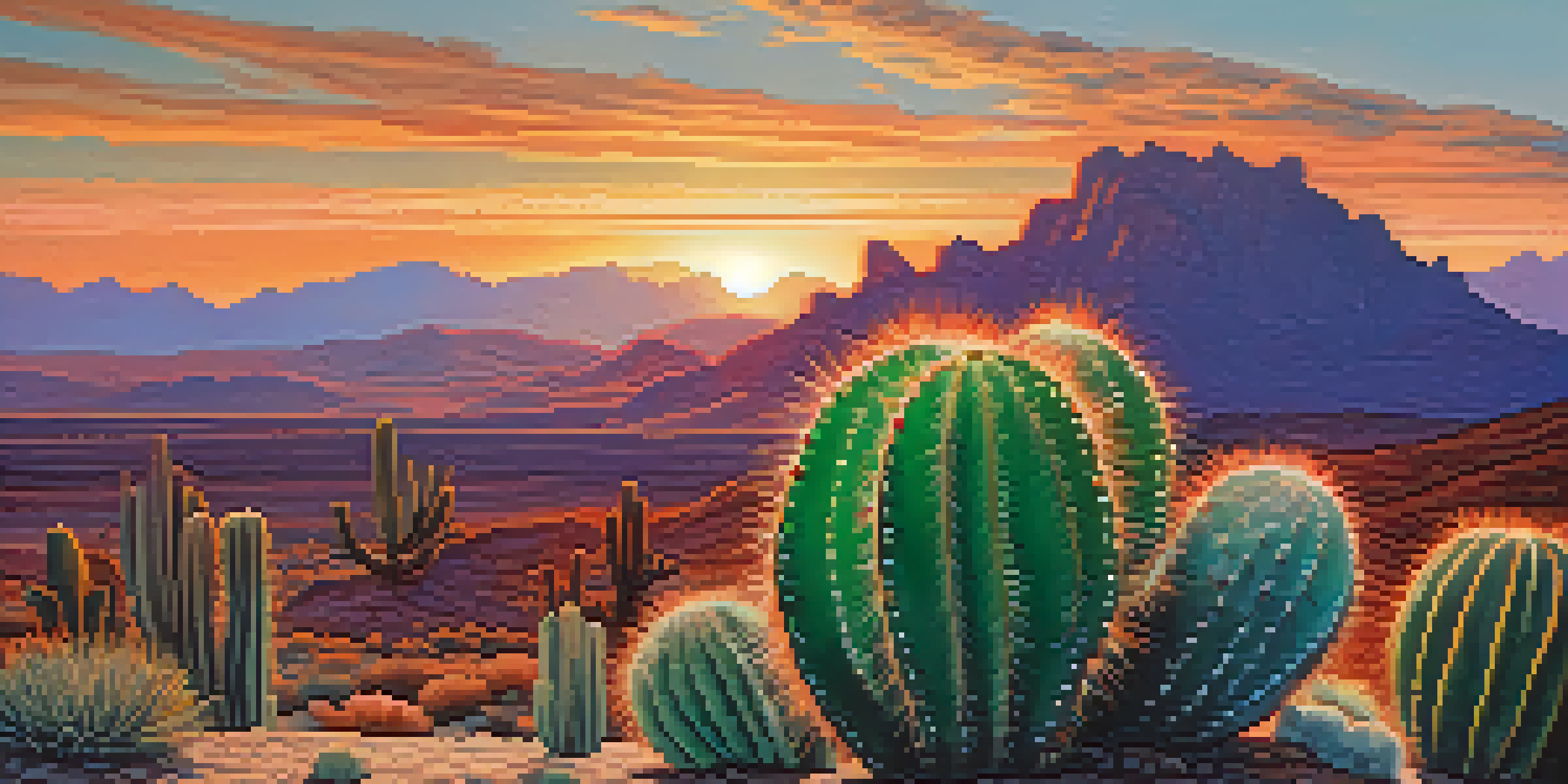 A close-up view of a Peyote cactus in a desert landscape at dusk, with mountains and a colorful sky in the background.