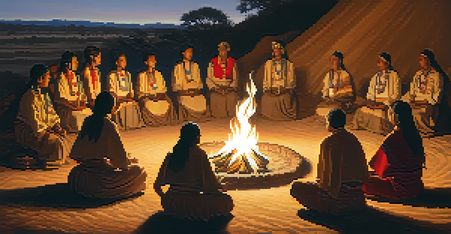 A group of indigenous people sitting in a circle around a fire, participating in a ceremony.