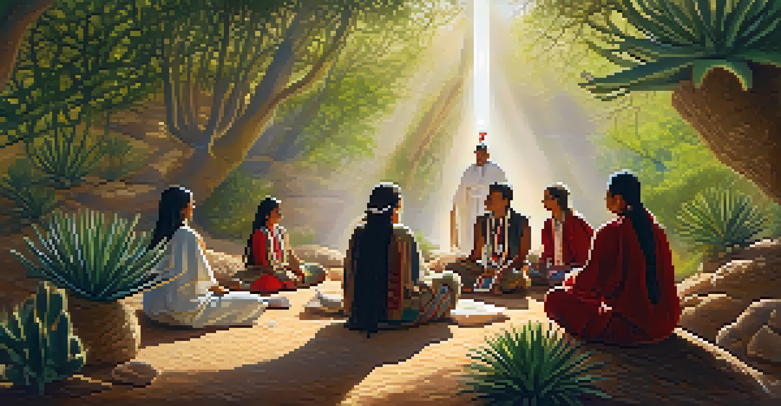Indigenous individuals in traditional attire participating in a peyote ceremony in a serene natural setting with ethereal light.