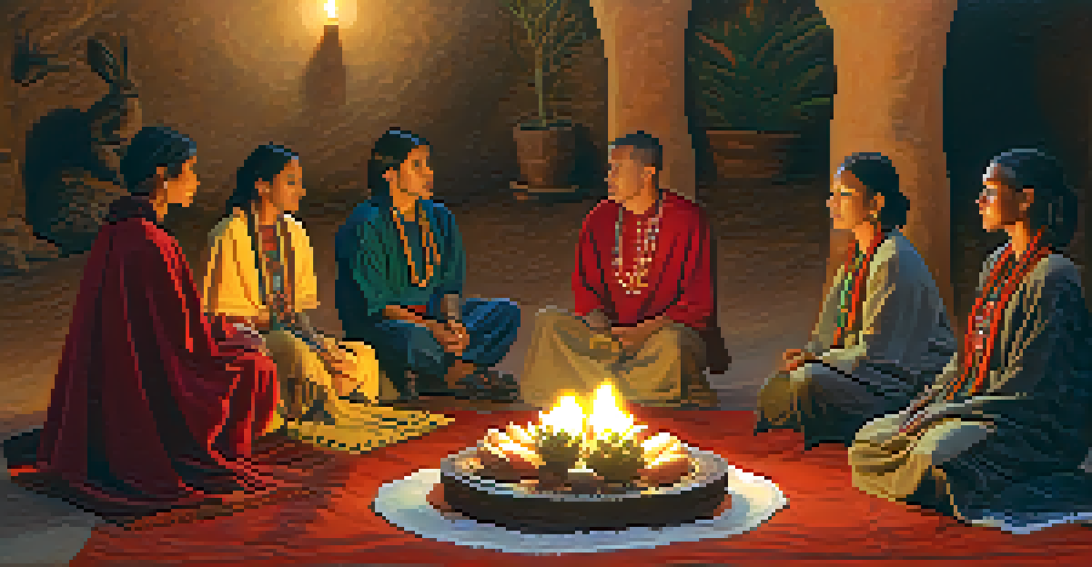 A ceremonial gathering with a Peyote cactus at the center, surrounded by people sitting in a circle, with warm candlelight and traditional textiles creating a welcoming atmosphere.