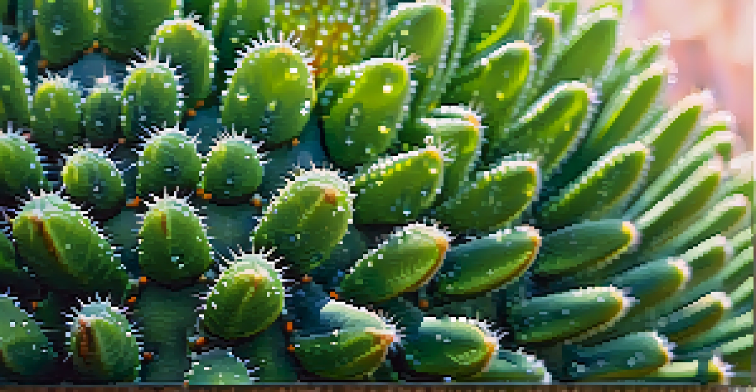 A detailed close-up of a peyote cactus highlighting its texture and dew drops.