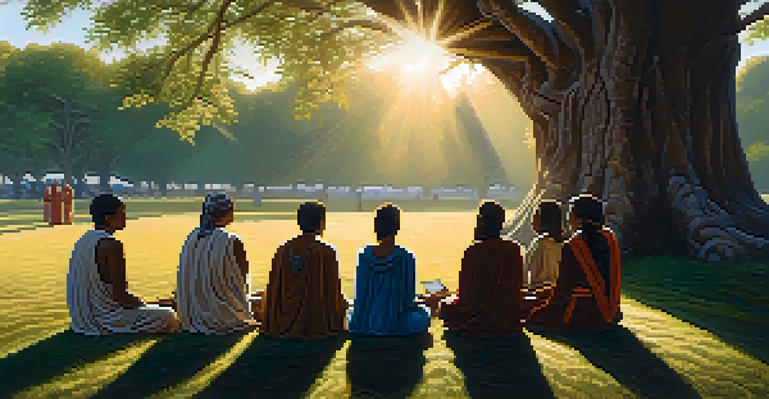 A group of people in a ceremonial gathering under a large tree in a sunny clearing.