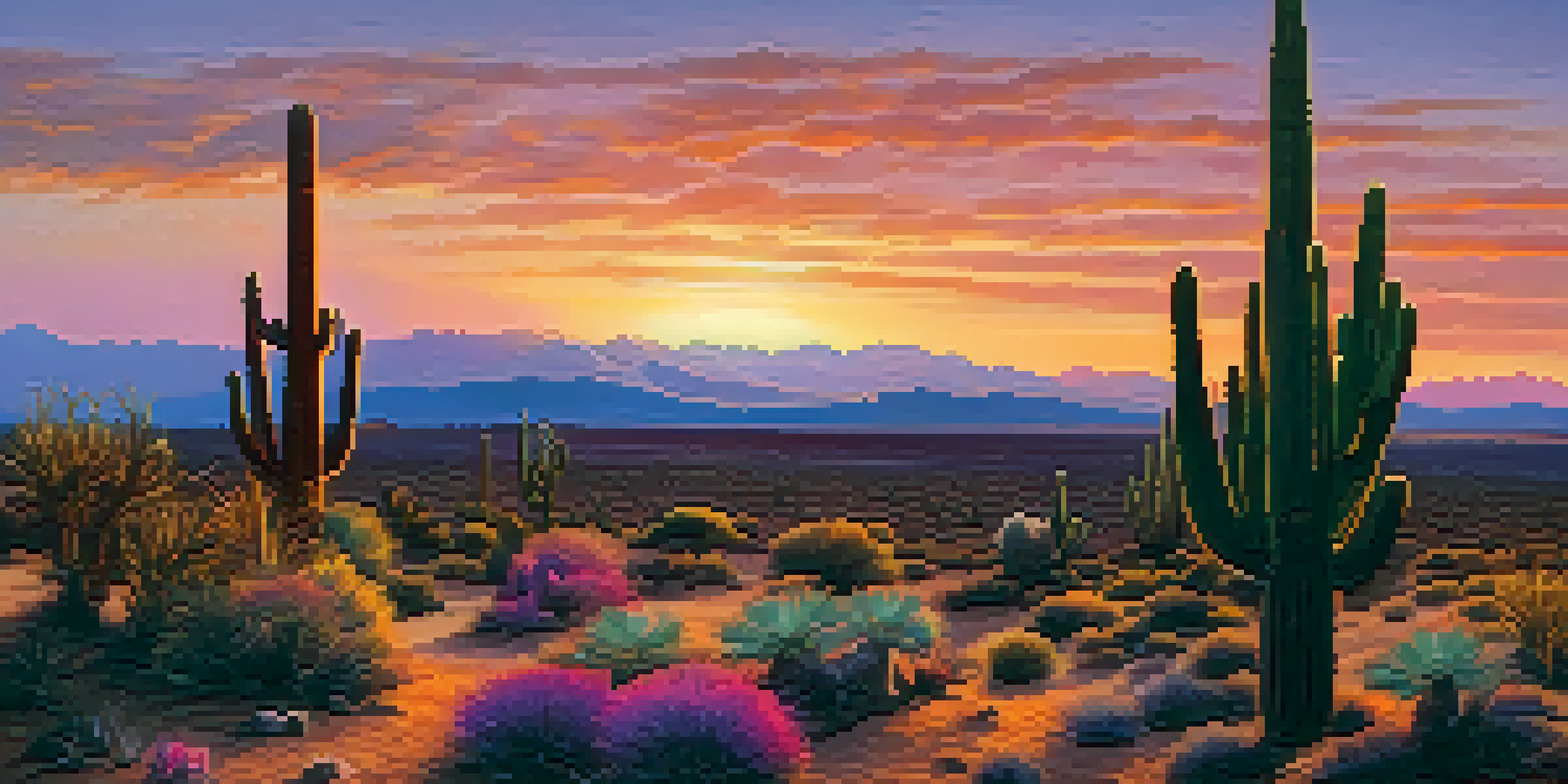 A peaceful desert scene with peyote cacti and a vibrant sunset sky.
