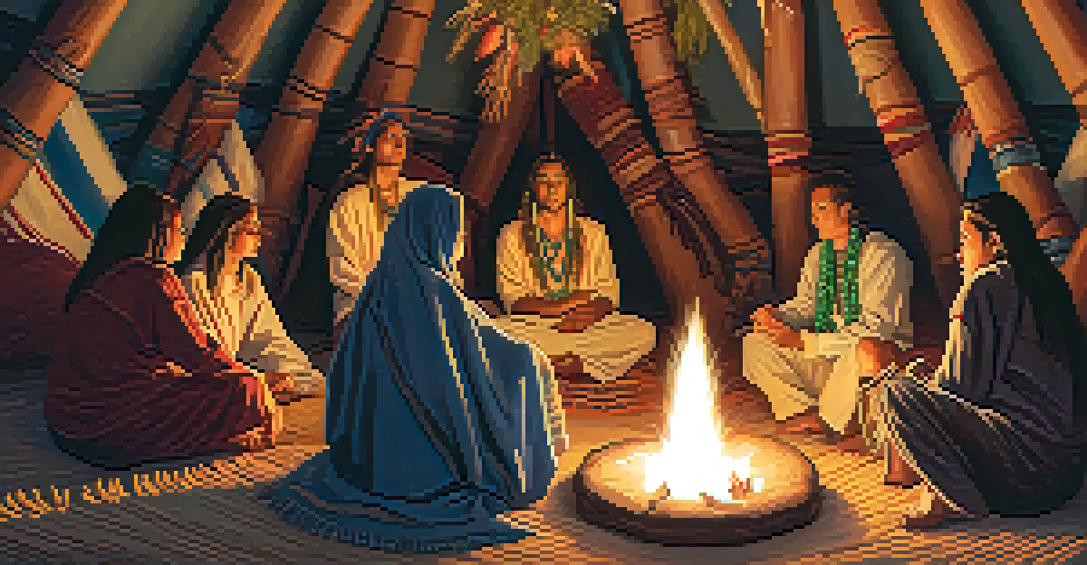 A group of people in a teepee engaged in a peyote ceremony, with a central fire illuminating their thoughtful faces.
