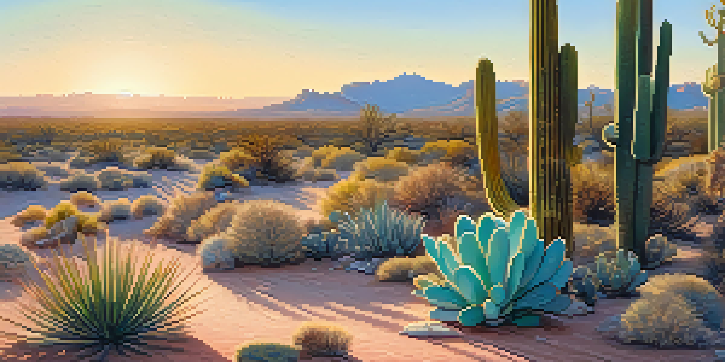 A peyote cactus in a desert landscape with various plants, illuminated by golden sunlight during sunrise.