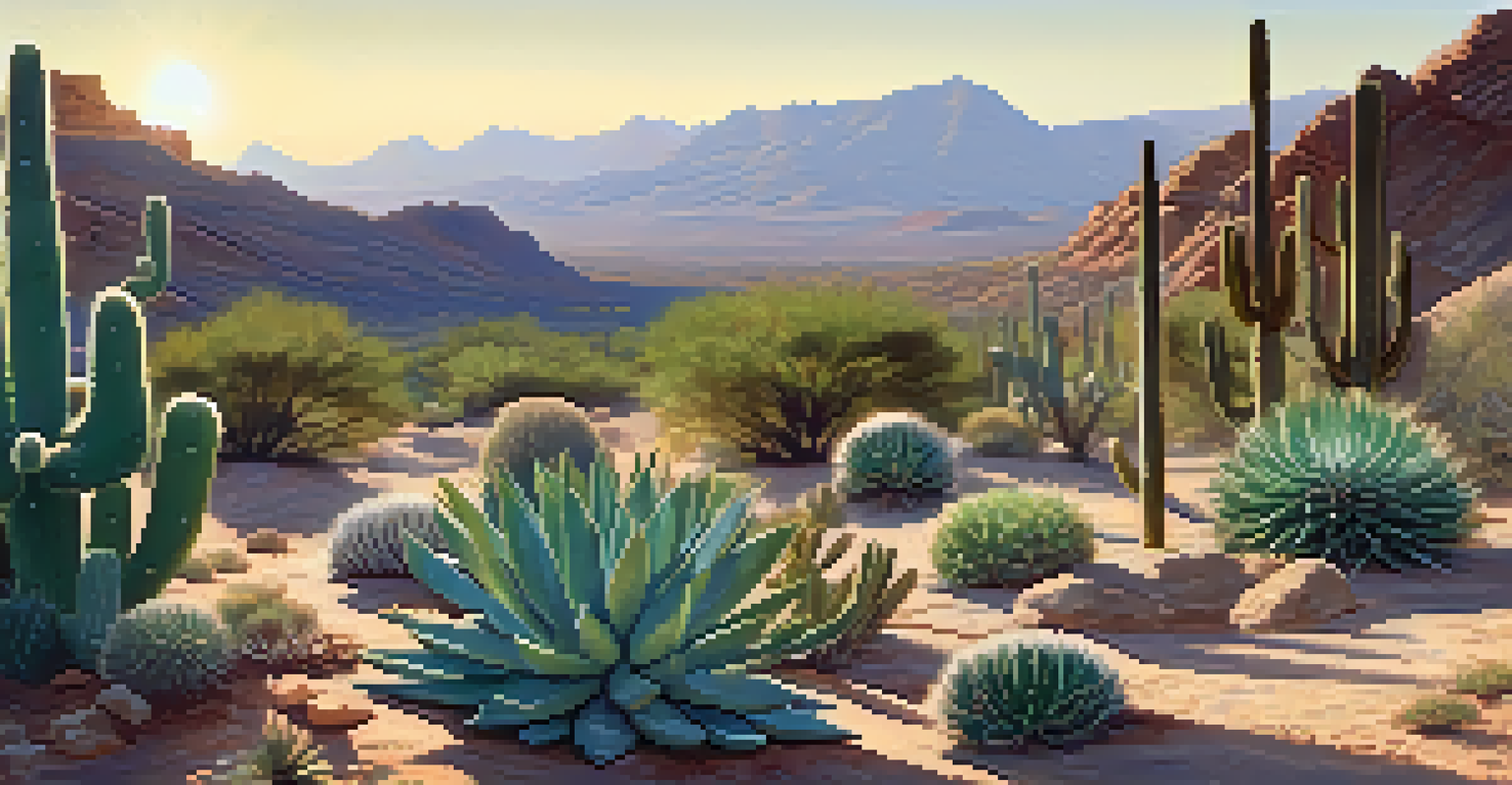 A peaceful natural landscape featuring clusters of peyote cacti in a rocky terrain, illuminated by golden morning sunlight.