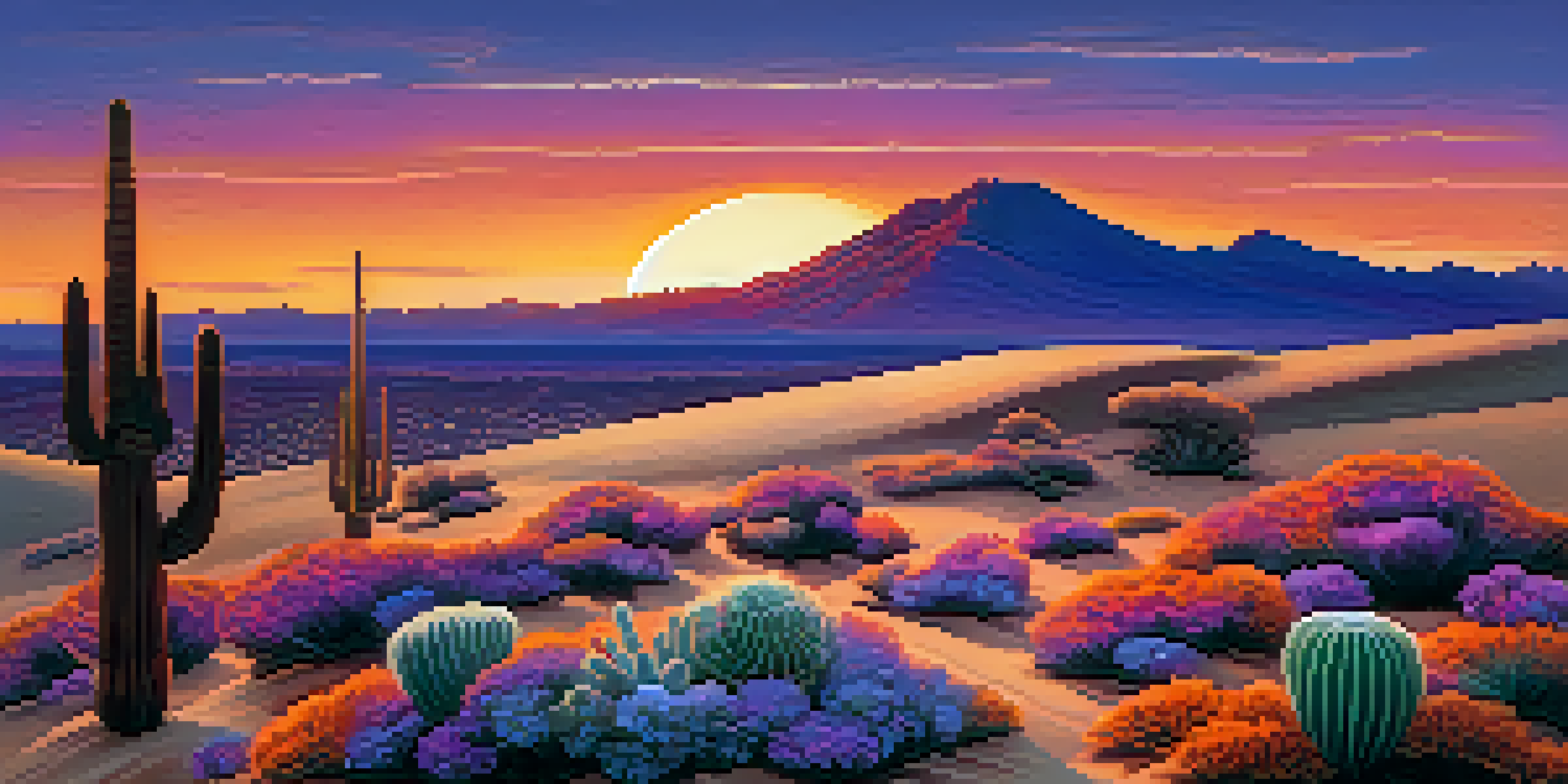A desert landscape at dusk with a peyote cactus and a colorful sunset.
