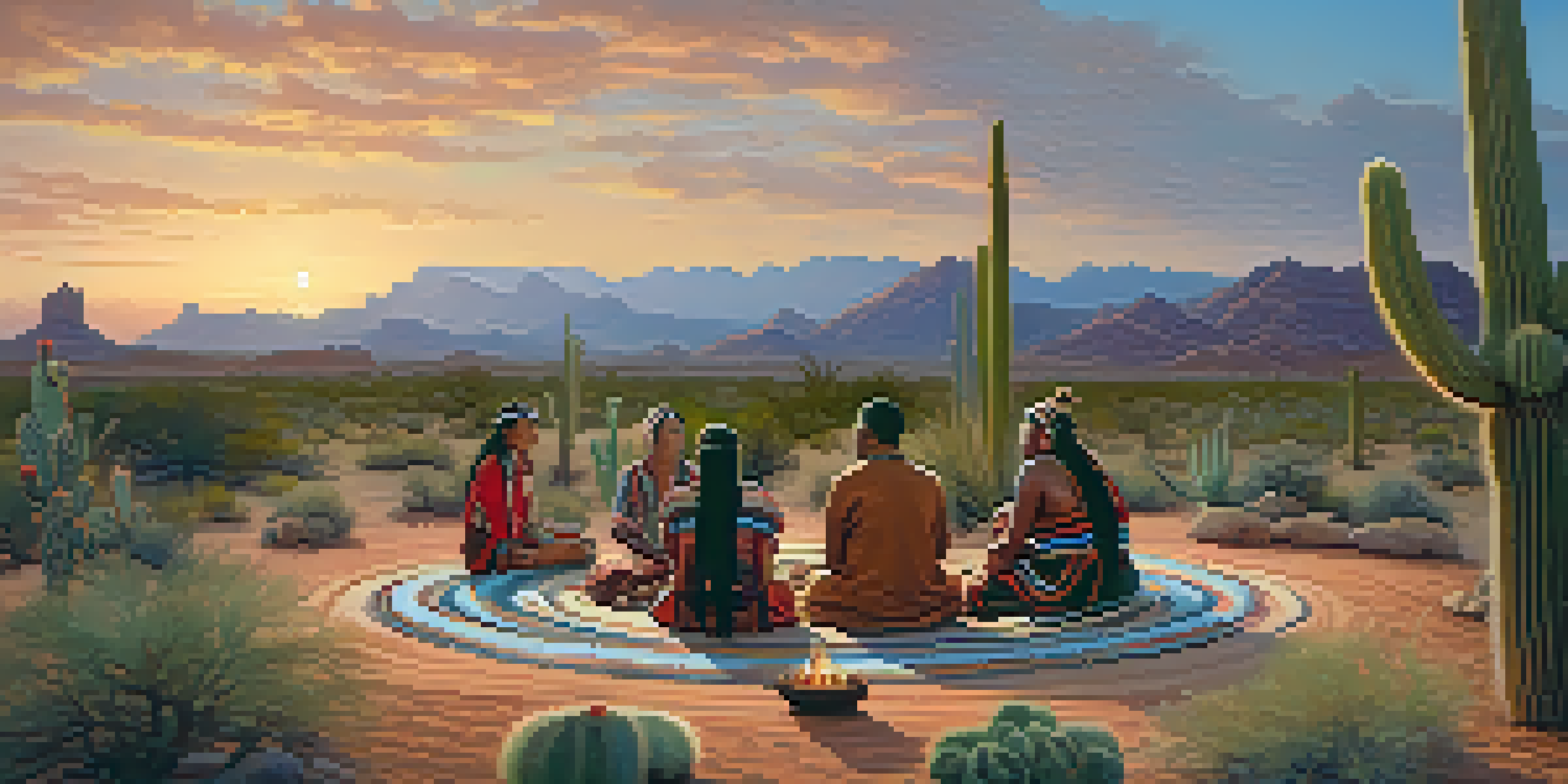 Indigenous people participating in a peyote ceremony in a desert landscape, with warm lighting and traditional clothing.