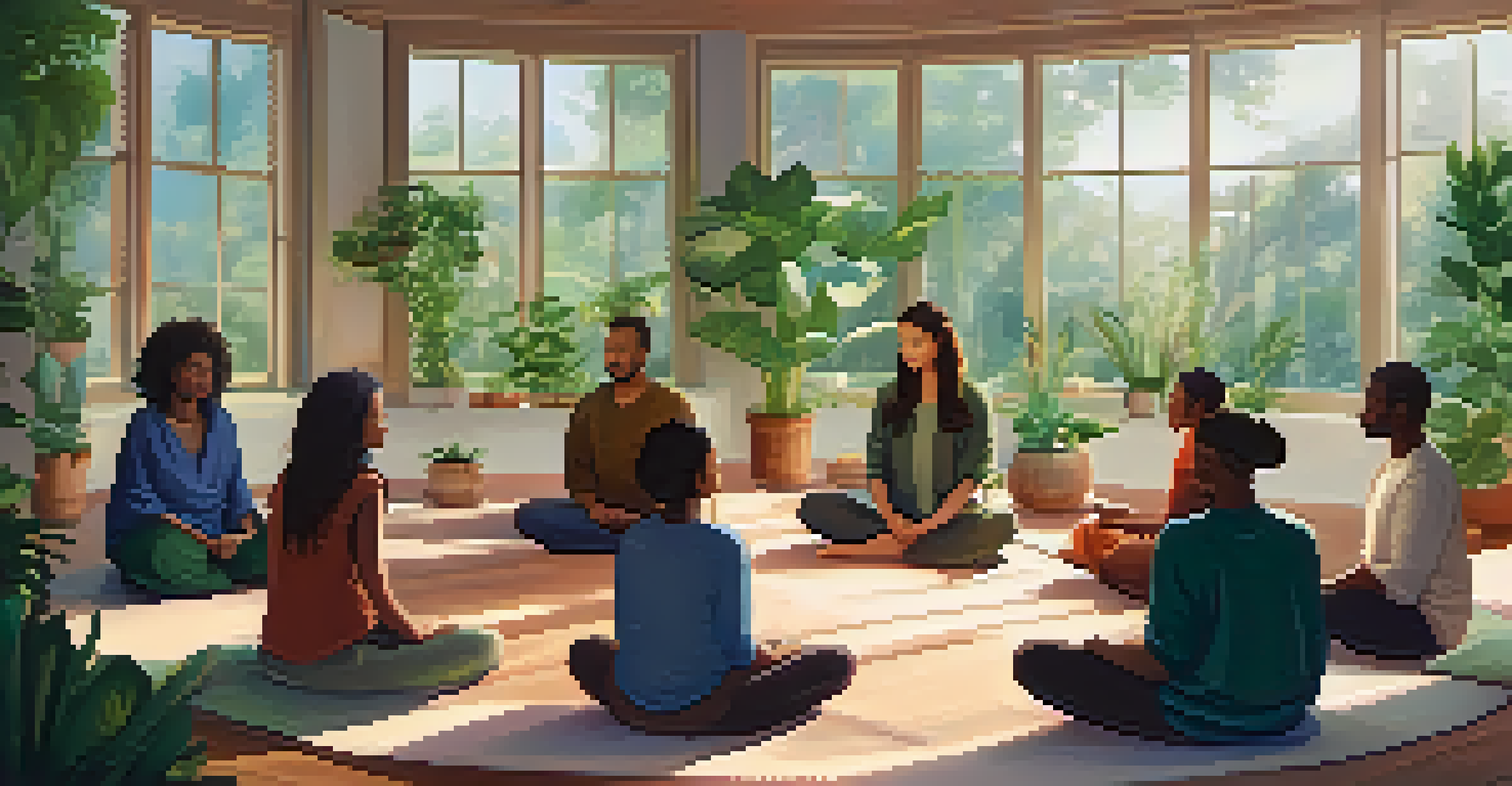 A calm meditation space with individuals sitting in a circle, surrounded by soft cushions and plants, illuminated by natural light.