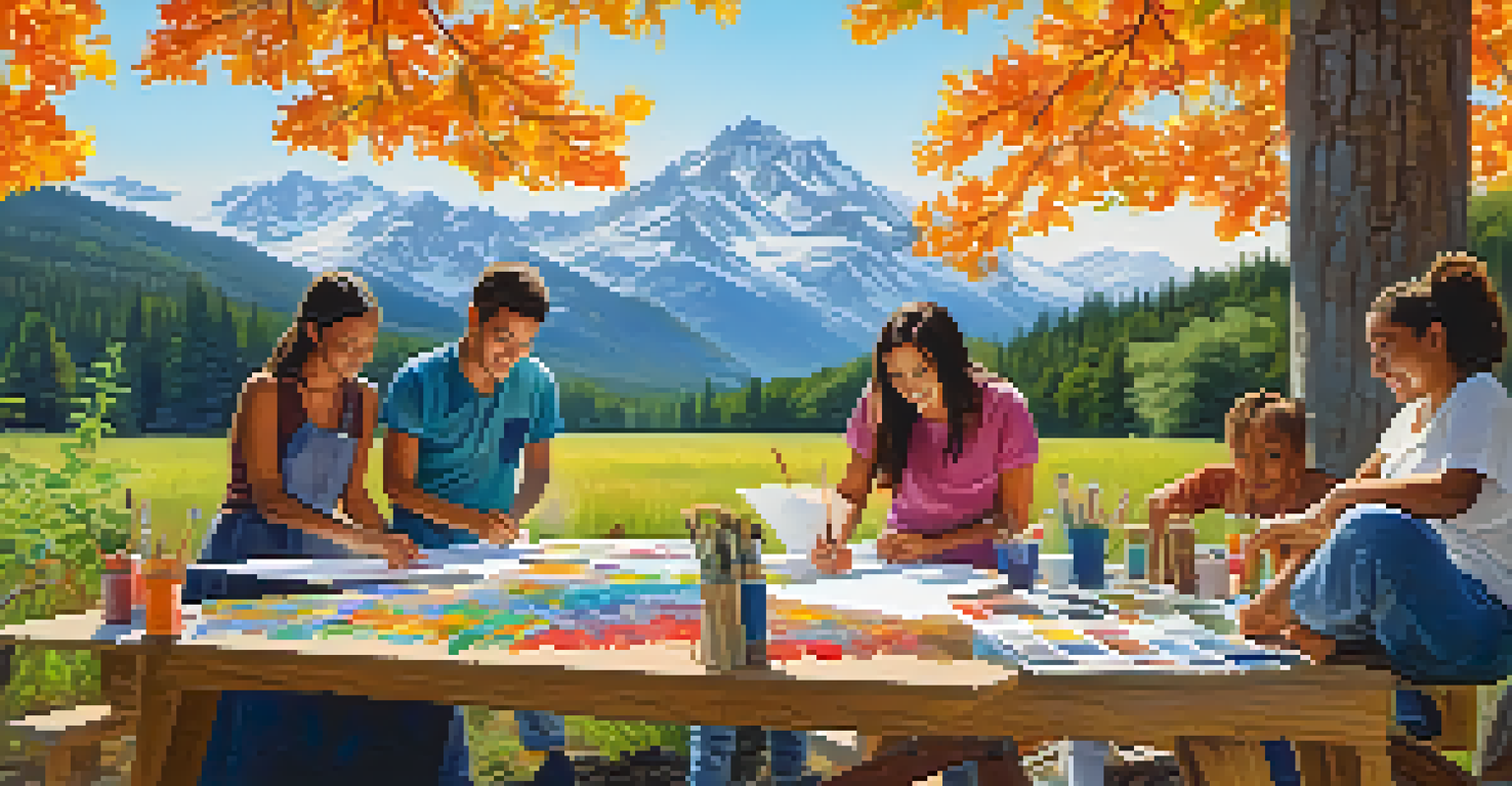 A group of people outdoors painting on large canvases surrounded by nature, showcasing joy and collaboration in a communal art-making session.